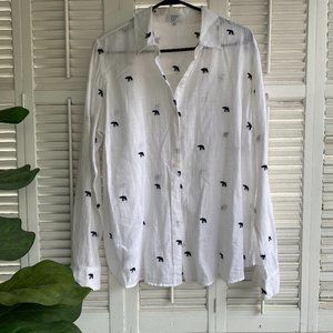 Crown Ivy Top Womens 1X XL White Elephant Print Long Sleeve Cotton Button Down